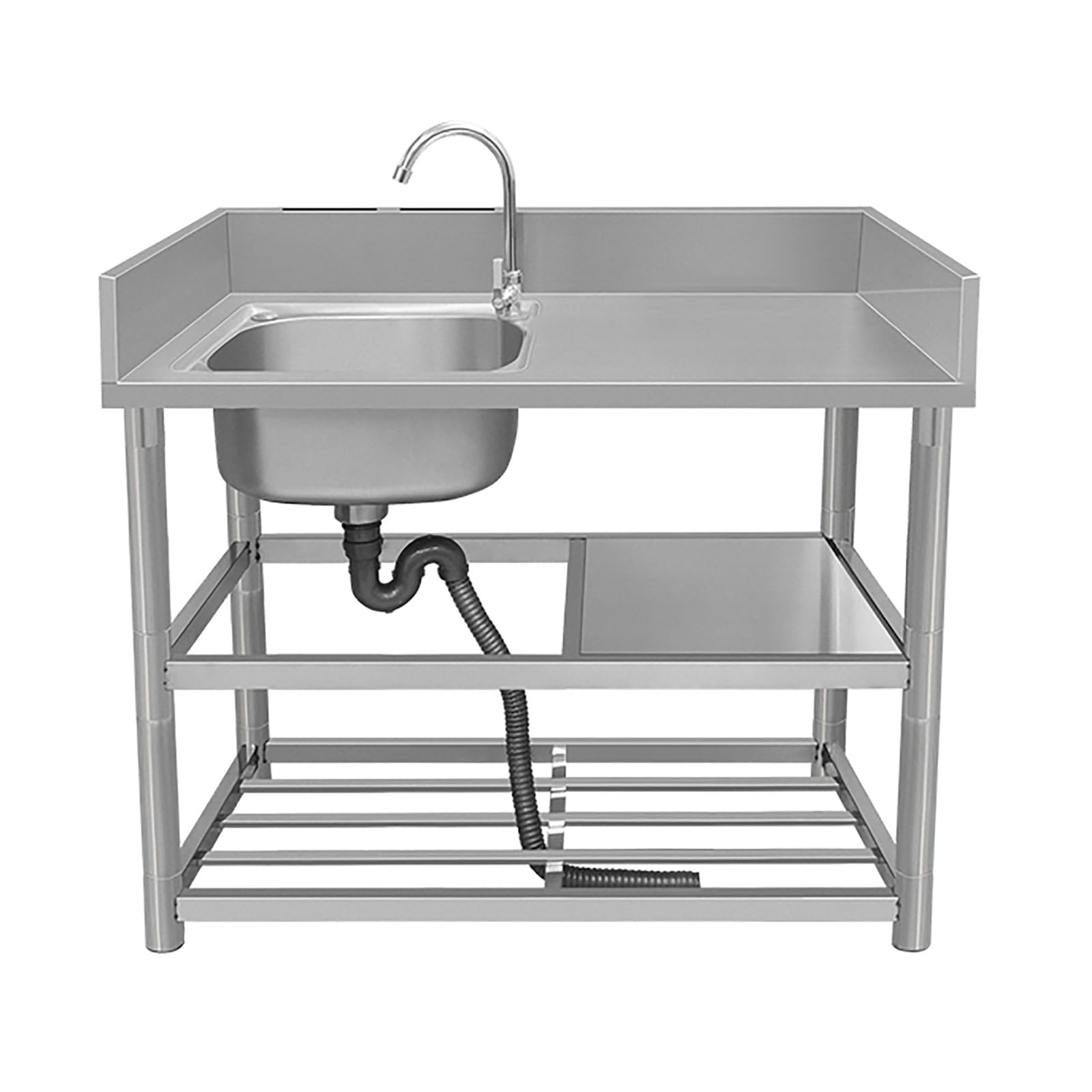 ZQFHSX Commercial Stainless Steel Kitchen Sink - Single Bowl 304 with Faucet Storage Shelves & Drainer Unit Perfect for Outdoor/Indoor Restaurant Workbench