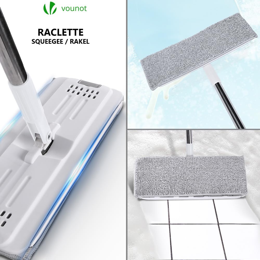 VOUNOT Bodenwischer, Wischmopp Set mit Eimer zum Auswringfunktion, Flacher Mikrofaser & Putzset mit Edelstahlgriff, 6 Wiederverwendbare Wischmop Ersatzbezüge, alle Arten von Böden Weiß