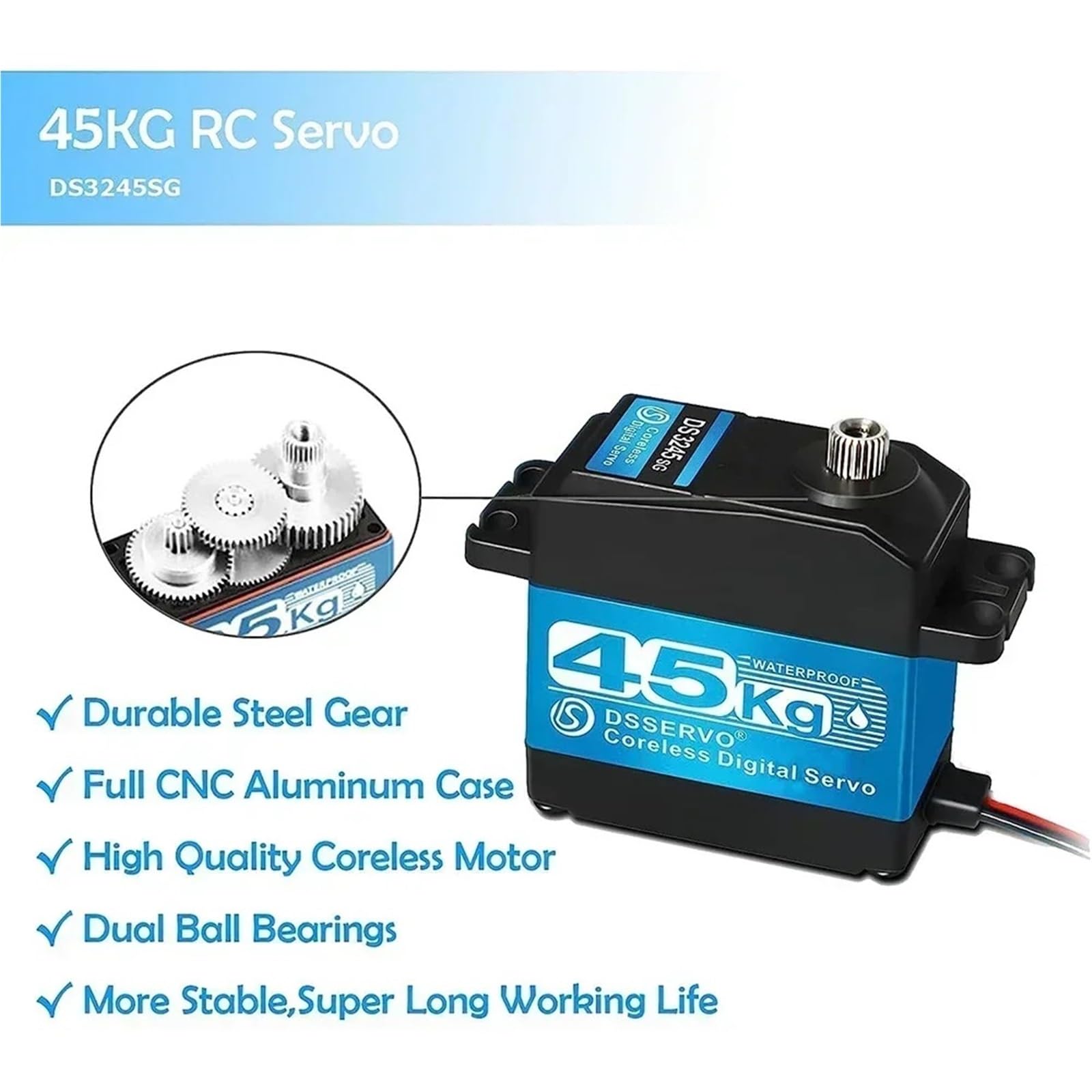DS3245 45 kg bezrdzeniowy cyfrowy serwo przekładnia ze stali nierdzewnej 8,4 V 51 kg.cm wodoodporna dla robota samochodowego 1/8 1/10 RC (180 stopni)