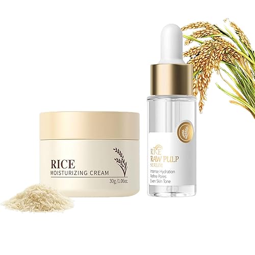 Set de cuidado de la piel - Crema hidratante facial de arroz y suero de arroz (2 productos) hidratante para cara, objetivos hidratantes, sequedad,