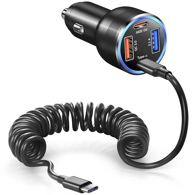 USB C Car Charger with 4 Fast Ports and Type C Cable