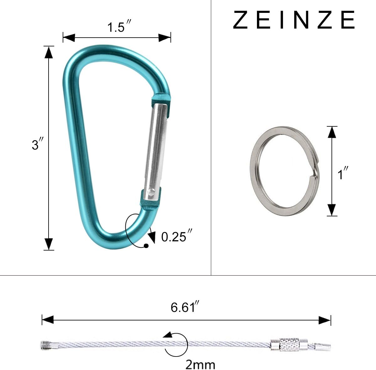 ZEINZE Carabiner Clip 3" Aluminum D-Ring Spring Loaded Gate Small Keychain Carabiners Clip Set for Outdoor Camping Mini Lock Hooks Spring Snap Link Key Chain Durable Improved Design 8 Pack
