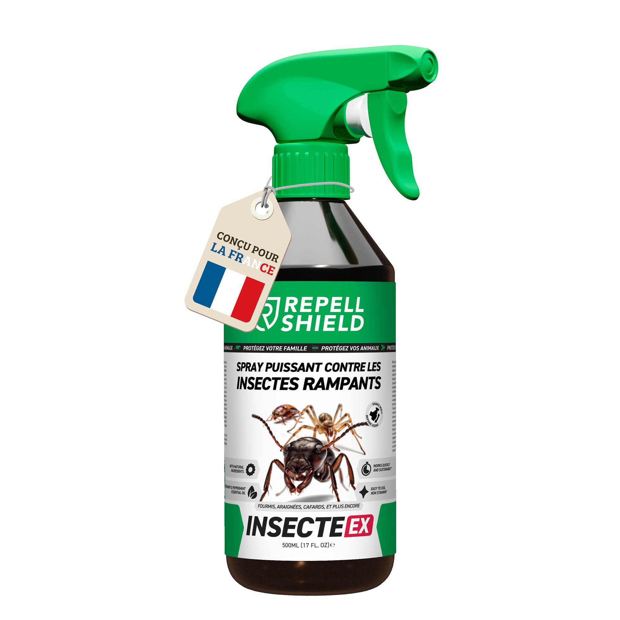 RepellShield® Barrage aux Insectes Rampants -0,5L- Prêt à l'Emploi - Non Tachant, Parfum Naturel Botanique - Usage Intérieur & Extérieur - Barrière à Insectes Multi-Usage aux Huiles Essentielles