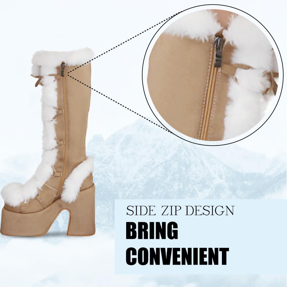 CELNEPHO Knee High Boots For Womens Side Zipper Warm Faux Fur Platform Chunky Heel Punk Goth Walking Winter Snow Boots: 5.5 A-apricot