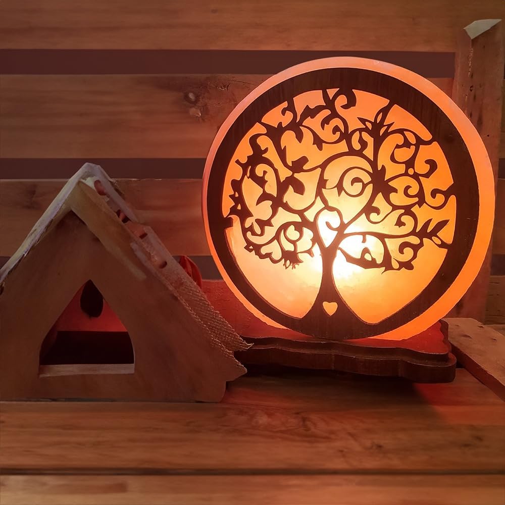 PLUS HOME Lámpara de Sal del Himalaya Natural 20 x 22 x 10 cm,100% Hecha a Mano con Propiedades Terapéuticas,Ayuda para dormir,Perfecto Para Decoracion Hogar.Bombilla Incluida.Árbol De Vida Raíces