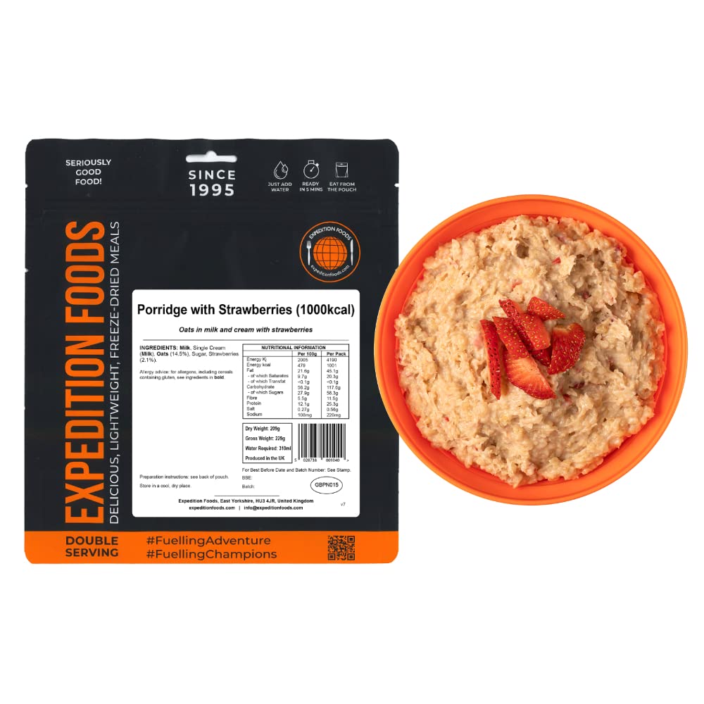 EXPEDITION FOODS Porridge with Strawberries (Double Serving / 1000KCAL) | Freeze-Dried Camping & Hiking Food