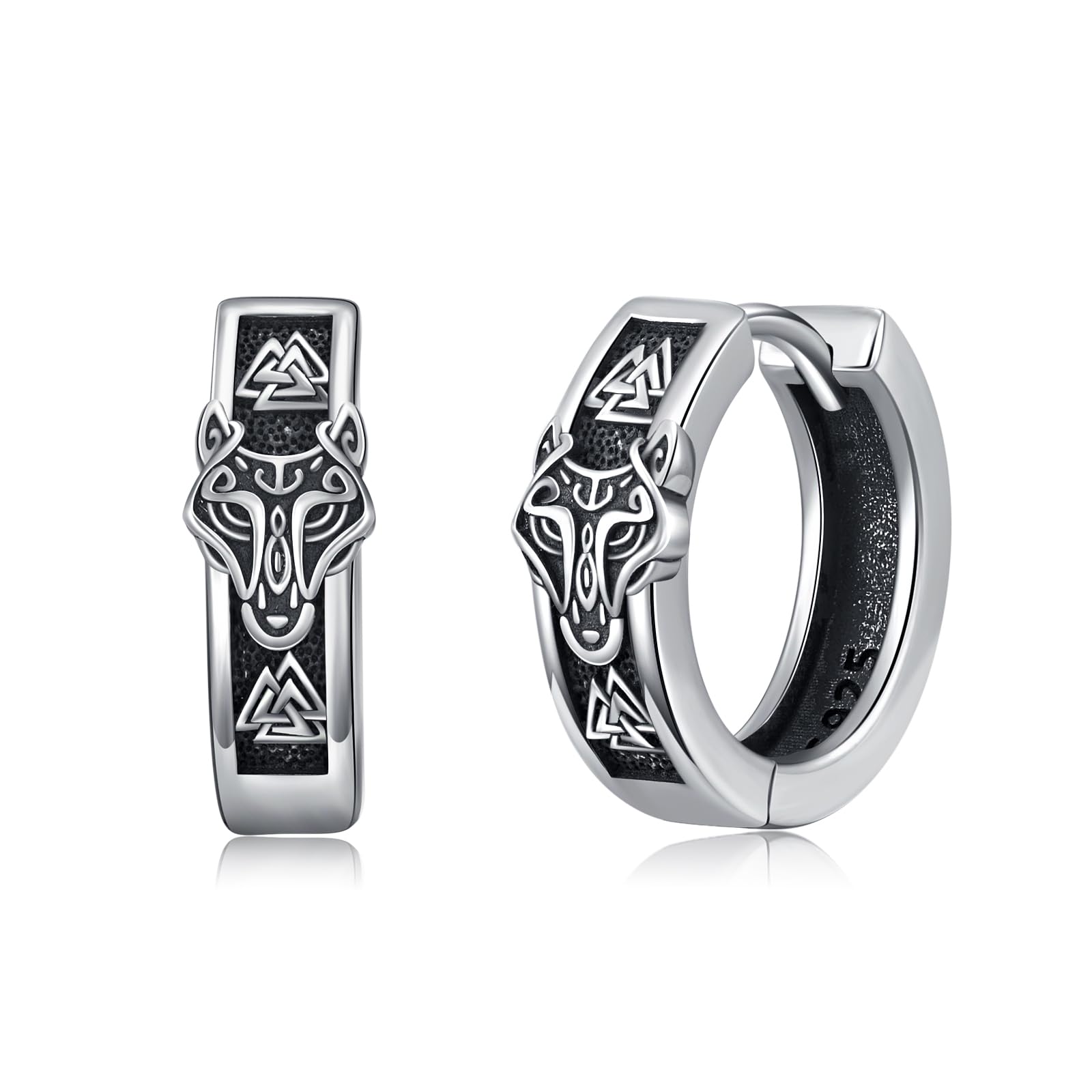 OHAYOO Viking Wolf Hoop Earrings for Men – 925 Sterling Silver Celtic Knot Protection Symbol Huggie Earrings, Nordic Animal Jewelry Gift for