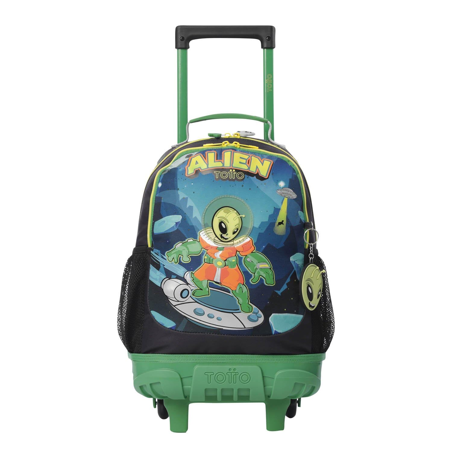 TOTTO - Mochila Escolar con Ruedas, Modelo Alien Cosmic M, Mochila Mediana, Capacidad 23 L, Bolsillos Botella, Organizador Interno, Protección en la Base, Correas Ajustables, Color Negro