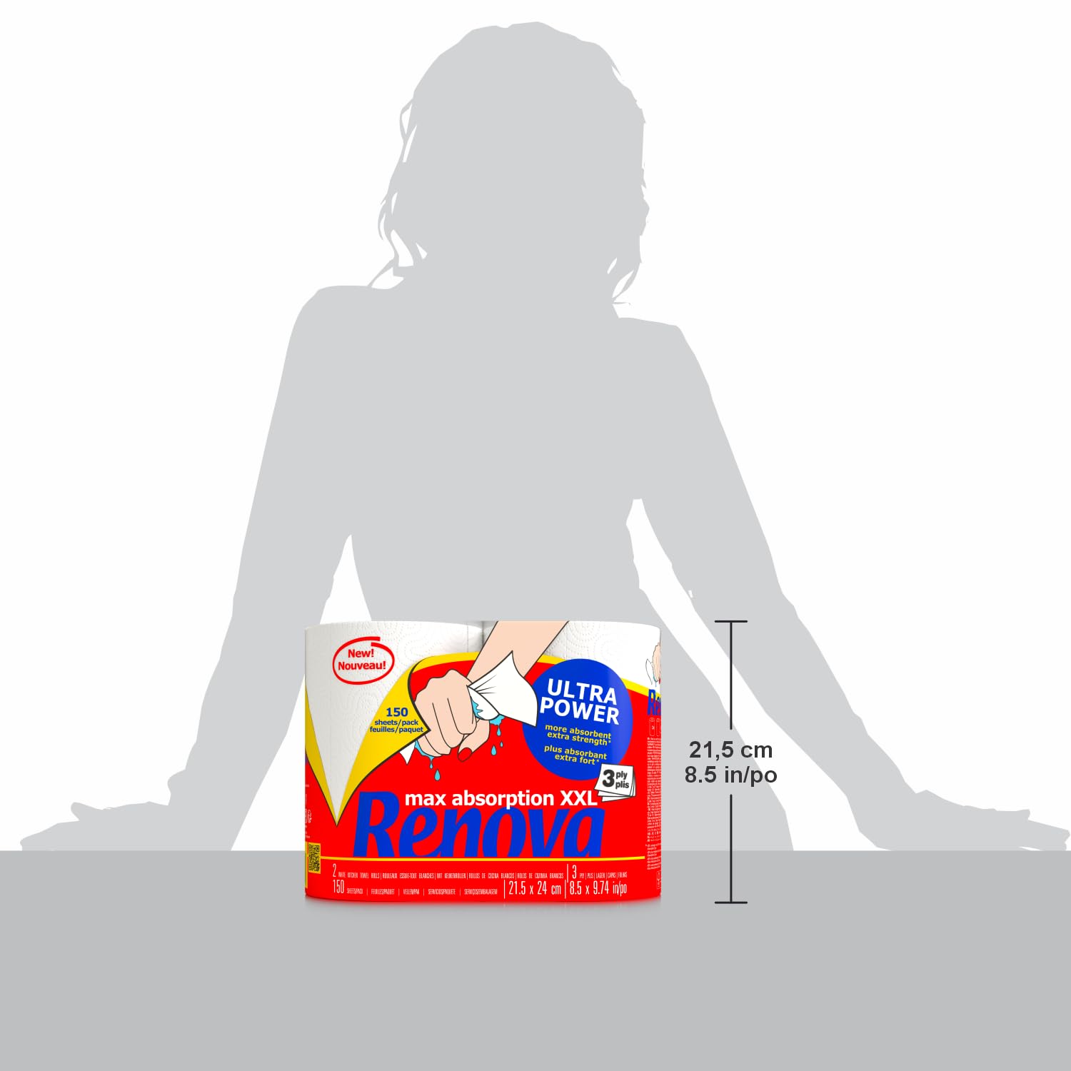 Renova Rollos de Cocina Renova UltraPower, 24 rollos XXL equivalentes a 60 rollos estándar, 3 capas absorbentes y con óptima resistencia, Papel Certificado FSC