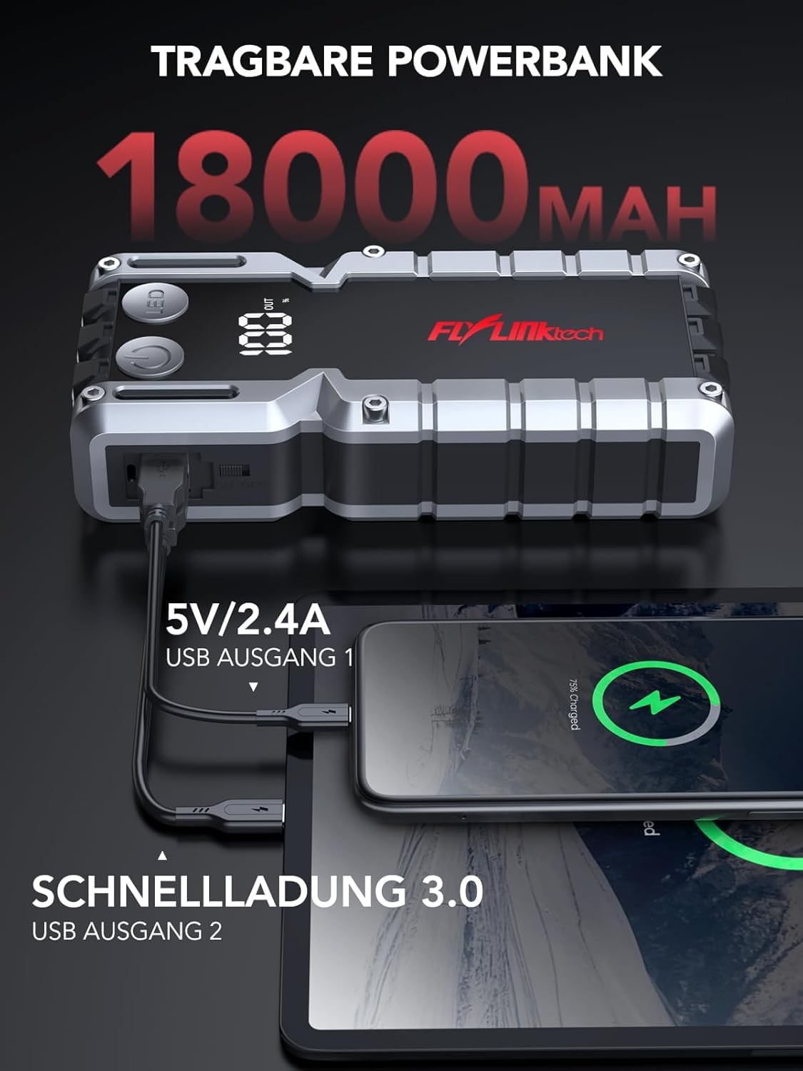 FLYLINKTECH 7000A Auto Starthilfe Powerbank für Pkw für 12V Fahrzeuge | 18000mAh/66.6Wh Starter Powerbank, USB-Schnellladung, 3-Modi LED-Licht, LCD-Display, IP67 Wasserdicht