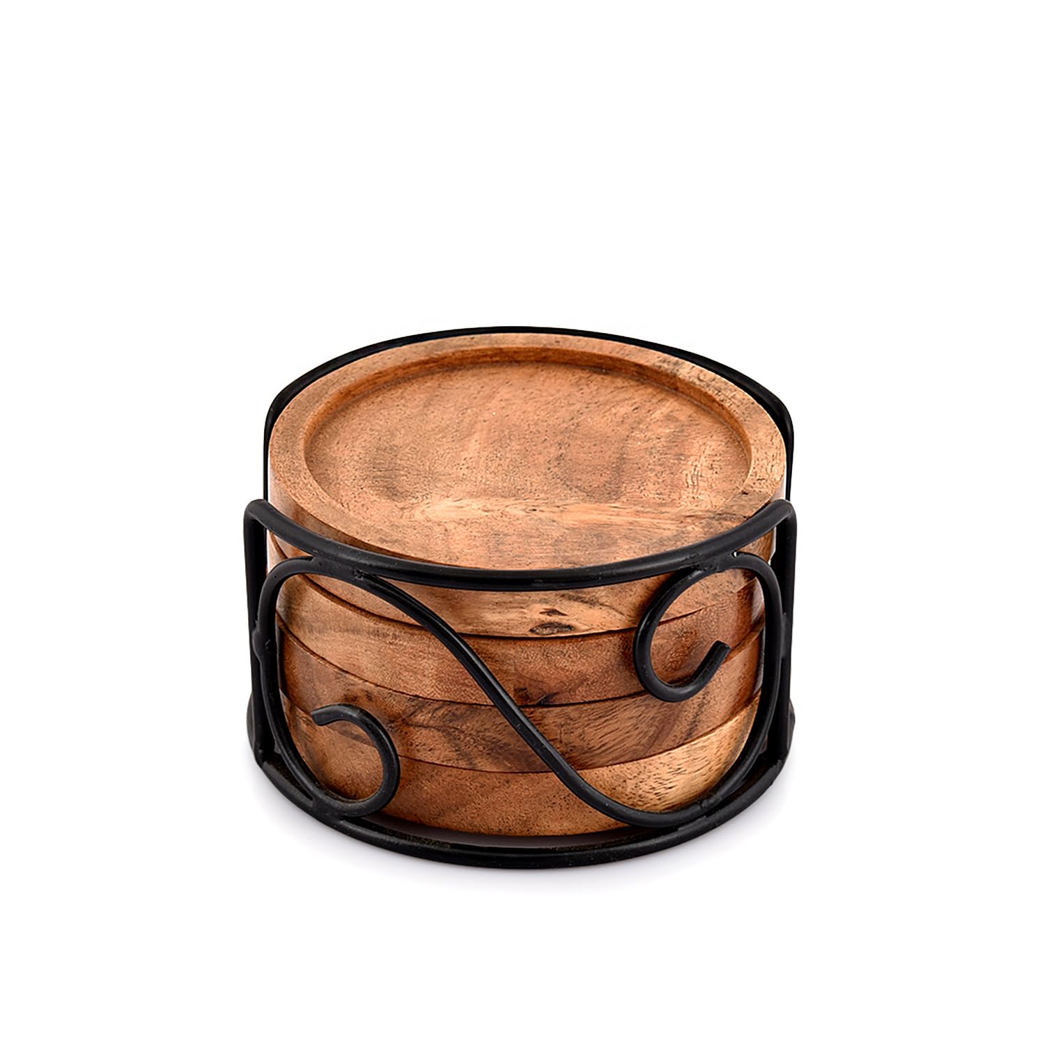 EDHAS Acacia Wood Coaster Set of 4 With Iron Holder for Tea, Drinks, Mugs, Cans, Glasses for Any Table Type