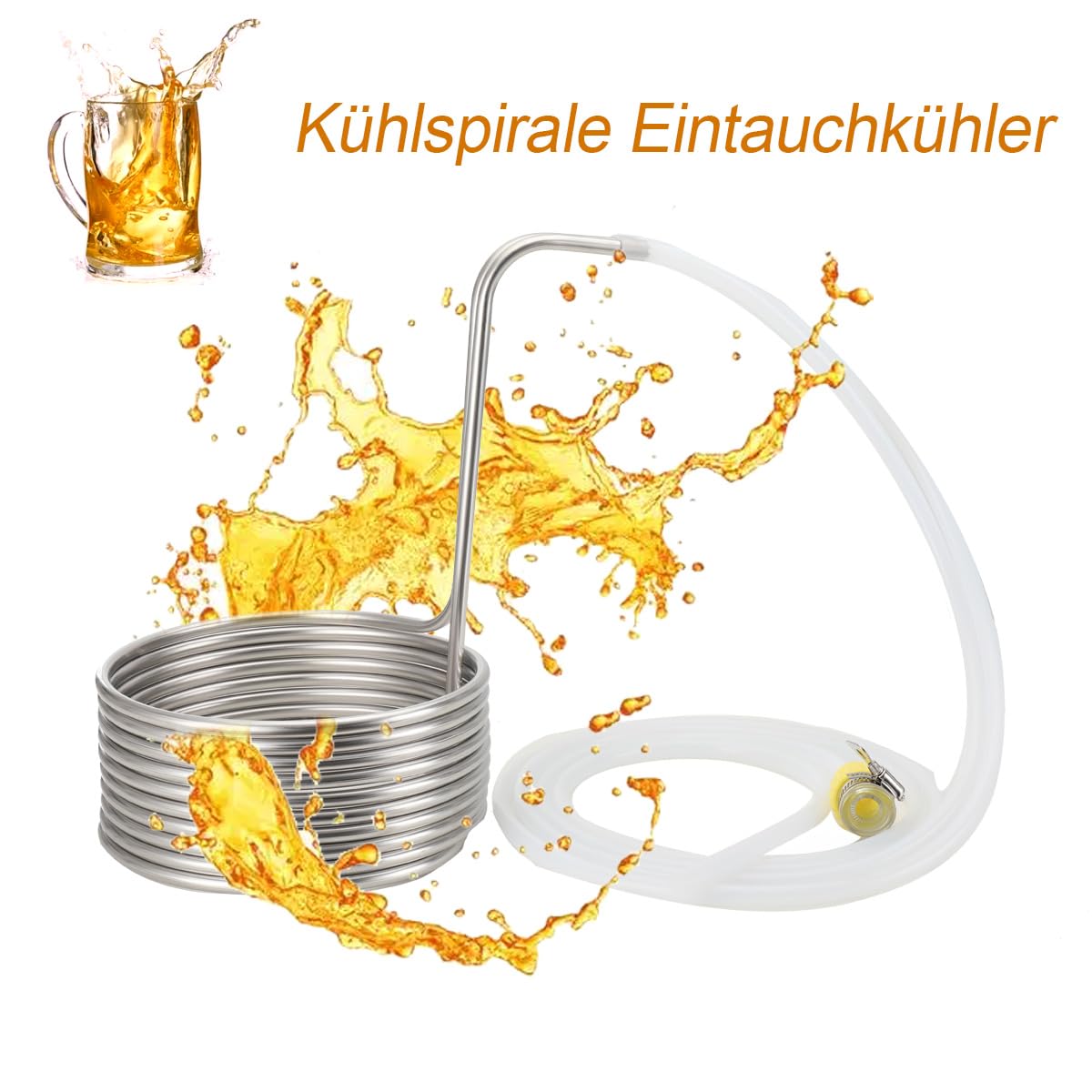 Kühlspirale Eintauchkühler Kühlschlange Maischekühler Kühlspirale Ø 23cm Bier Kühler Kühlrohr Brauerei Bier Kühlschlange Würzekühler Rohr mit 2 * 2m Silikonschläuche, Verbindungsstücke