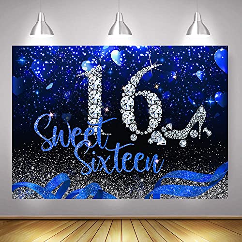 Image of Mocsicka Blue and Silver 16th Birthday Backdrop Early 2000s Blue Heart Glitter Diamonds Background Girls Sweet Sixteen Birthday Party Supplies (10x8ft(120x96 inch))