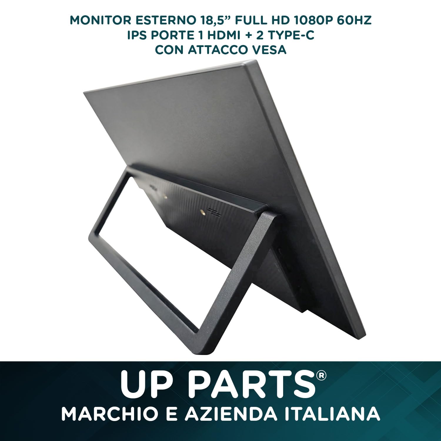 Monitor Portatile, Schermo portatile, Monitor portatile per laptop, 185WP - 18.5" Full HD 1920x1080, IPS, USB-C e Mini HDMI, Attacco Vesa,Ultra Sottile, Altoparlanti, Azienda Italiana