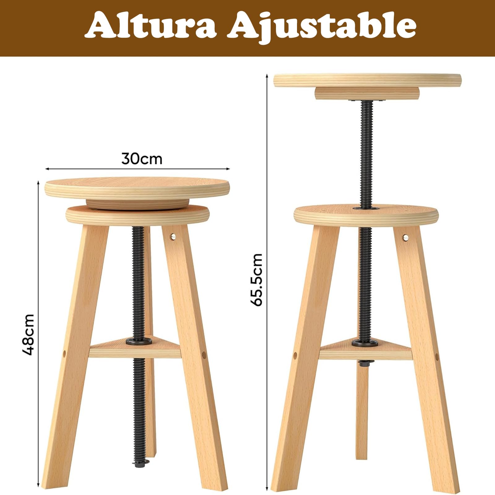Taburete de dibujo de madera de haya, taburete giratorio, altura regulable, color madera natural