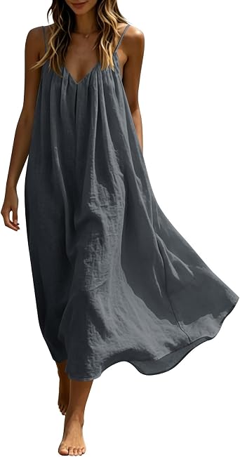 Maxi Dresses Womens Cotton Linen Casual Oversized Tunic Dress Sleeveless Spaghetti Strap Vest Dresses Solid Color A-line Sundress Baggy Beach Long Dress Summer Plain Sundress