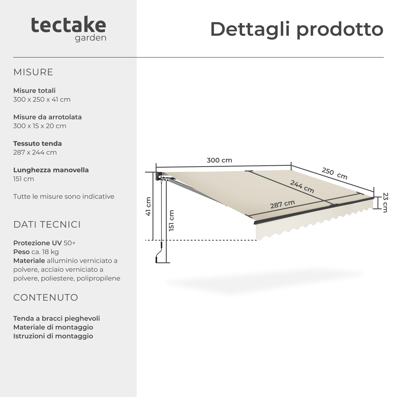 Tectake Tenda da Sole Esterno Bracci Estensibili Avvolgibile Impermeabile Protezione UV 300x250 cm Beige