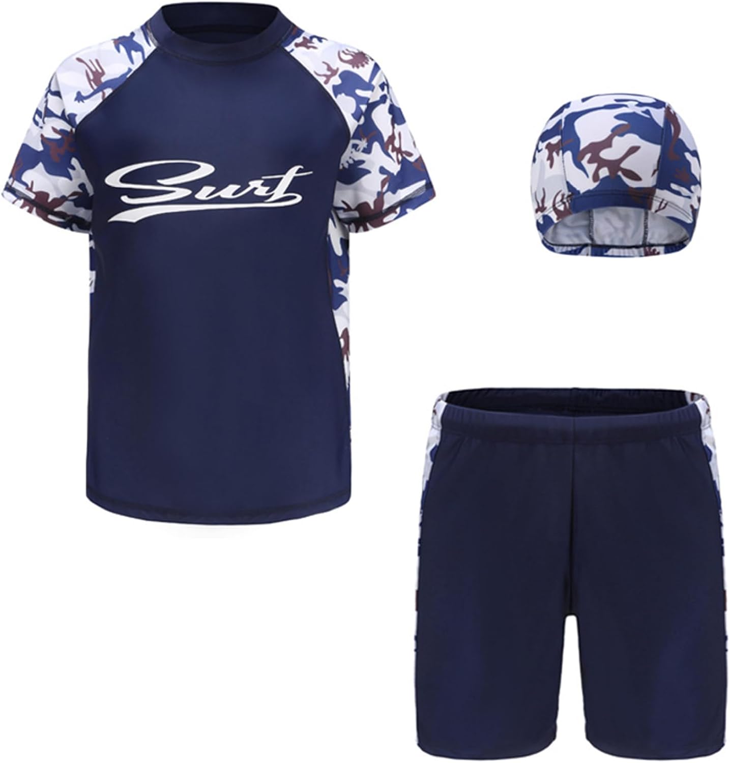 Kids Boys 3 Pcs Athletic Swimsuits Short Sleeve Printed Rash Guard Shirts with Board Shorts