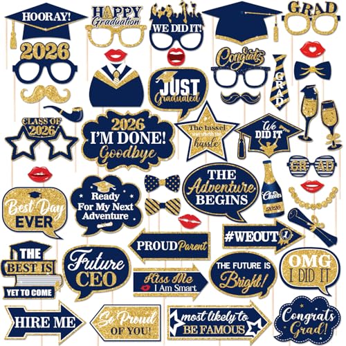 46Pcs Blue Gold Graduation Photo Booth Props 2026 Graduation Decorations with Sticks Class of 2026 Grad Party Favors Supplies for High School & College
