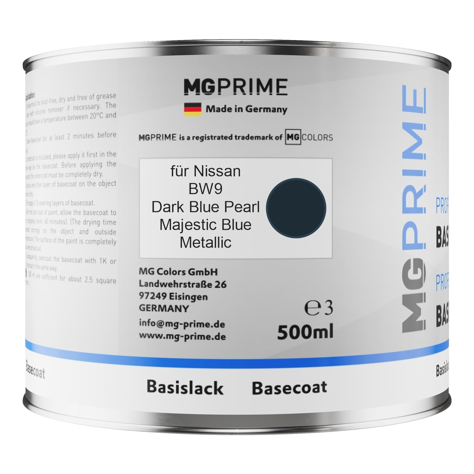 MG PRIME Barattoli di Vernice per auto per Nissan BW9 Dark Blue Pearl 1,25L | Blue Odyssey Pearl, Kit vernice di base + trasparente 2K + indurente, pronto all'uso