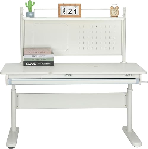 Miniatura 17 de FCD Escritorio ergonómico de madera de altura ajustable para niños con silla, mesa de dibujo, estación de computadora, estantería integrada
