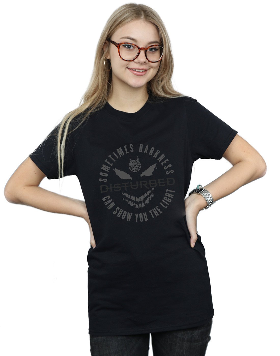 Absolute Cult Women's Black Disturbed The Light Tonal Boyfriend Fit T-Shirt XX-Large