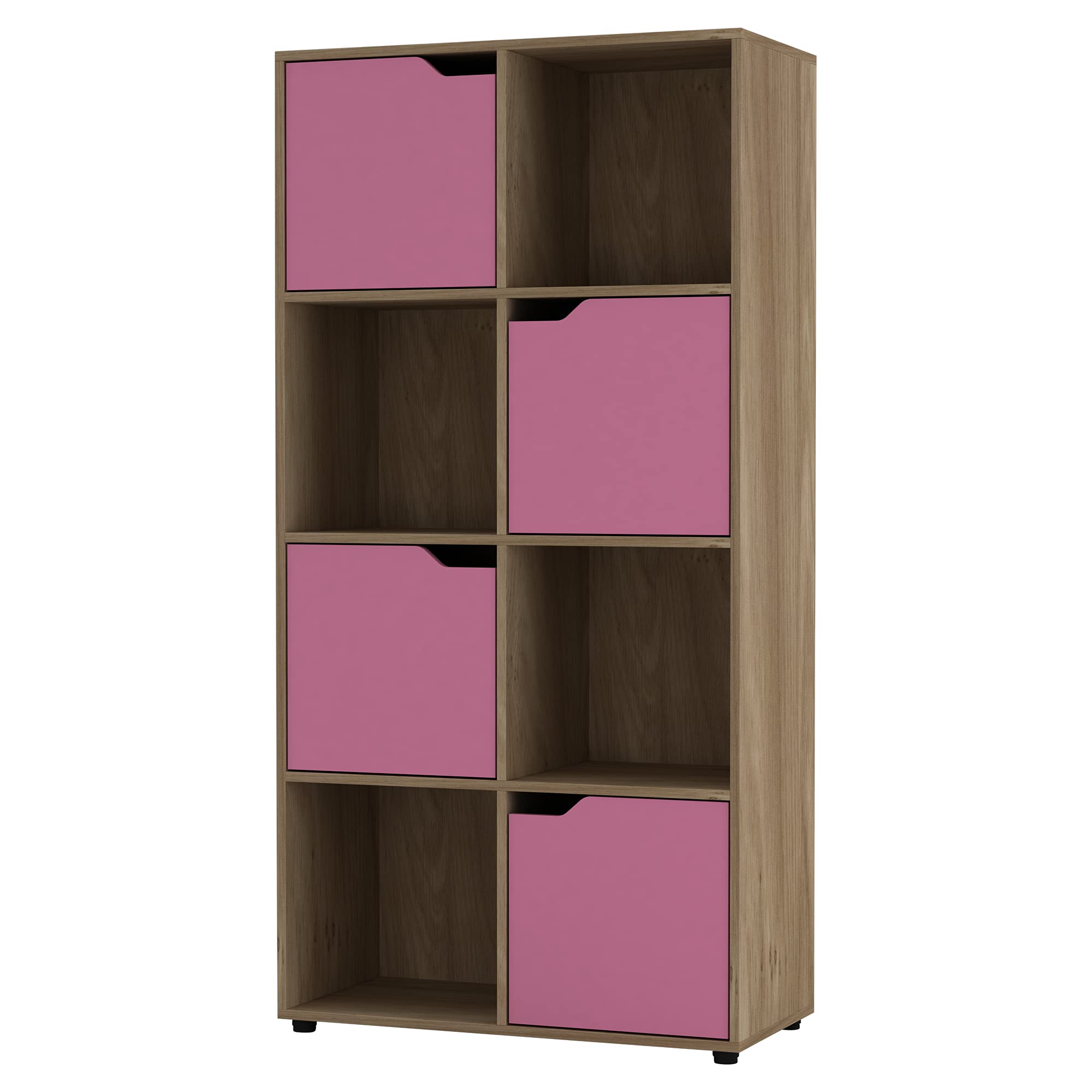 URBNLIVING Wooden Cubed Bookcase With Doors (8 Cube, Oak Bookcase And Pink Door)