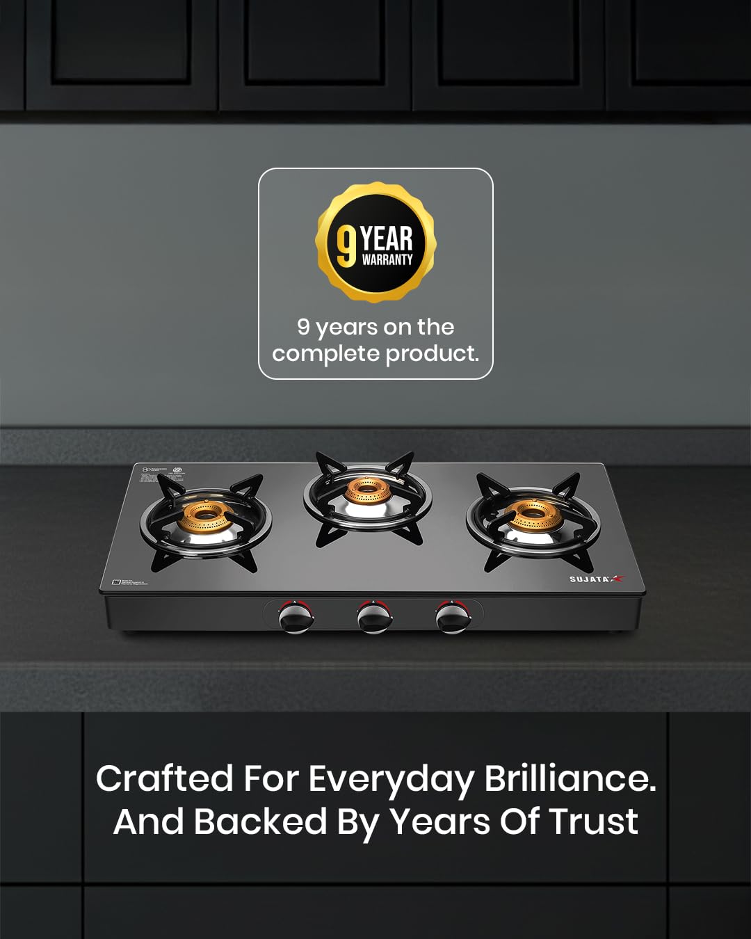 Sujata Gas Stove - 3 Burner Glass Top - 9 Year Warranty -6