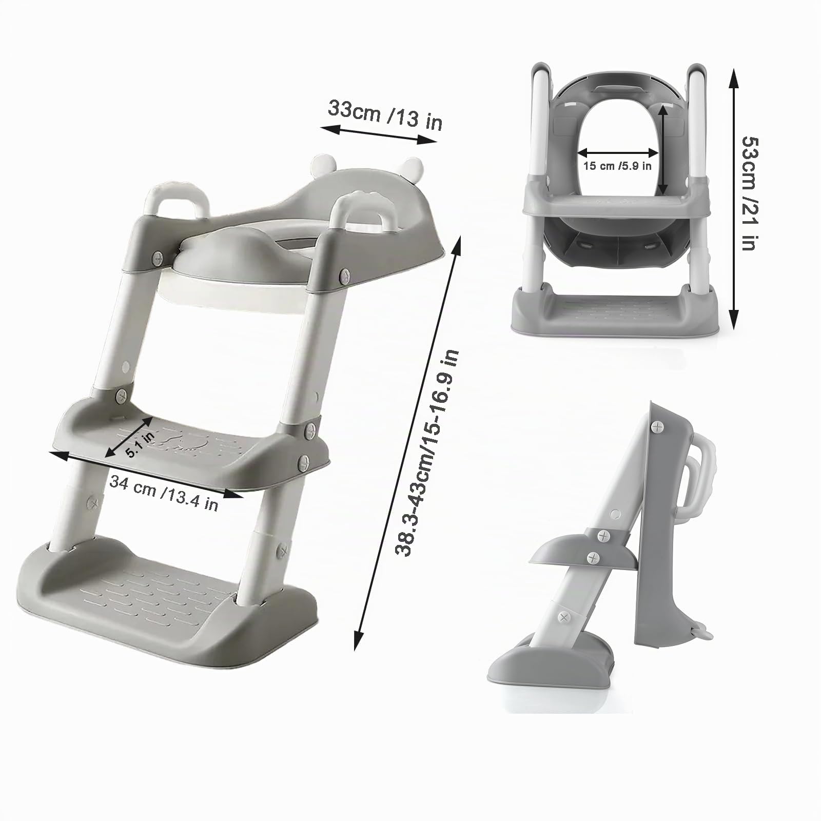 PandaEar Sedile WC con Scaletta per Addestramento al Vasino, Sedile Comodo e Sicuro con Gradini Antiscivolo per Bambini, Ragazzi e Neonati (Grigio)