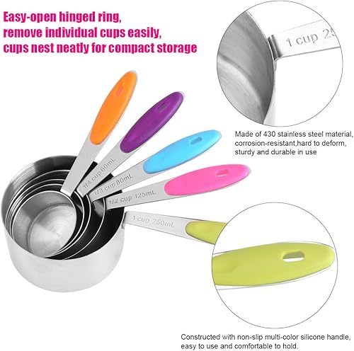 Miniatura 4 de Juego de 5 tazas medidoras de acero inoxidable con báscula, juego de 5 piezas de acero inoxidable para azúcar, café, leche, utensilios de cocina y