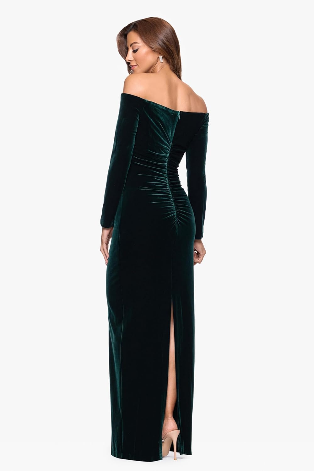 Xscape Women's Off-The-Shoulder Velvet Long Sleeve Maxi Dress with V-bar Neckline and Center Back Zipper