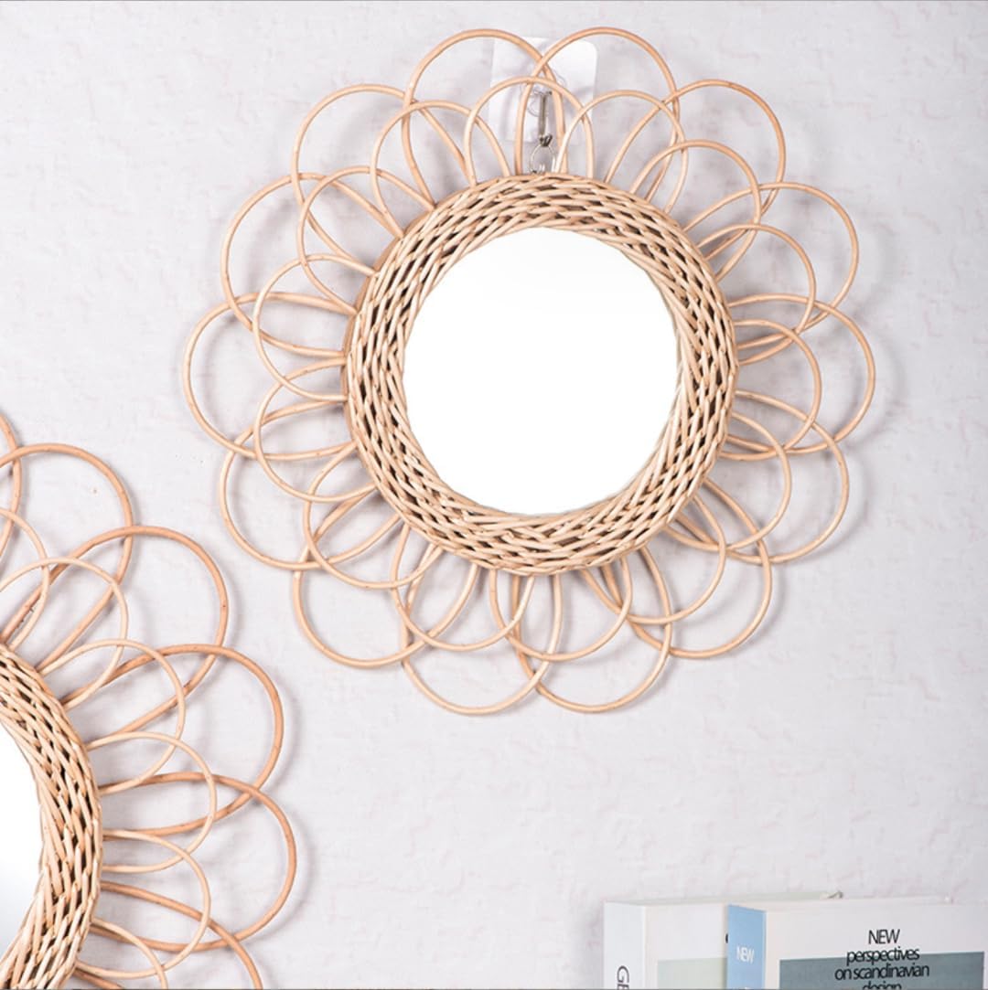Handmade Rattan Mirror Wall Decoration Creative Rustic Wall Hanging Wall Pediment Hanging Mirror Wall Art Wall Decor for Bedroom, Living Room, Hallway