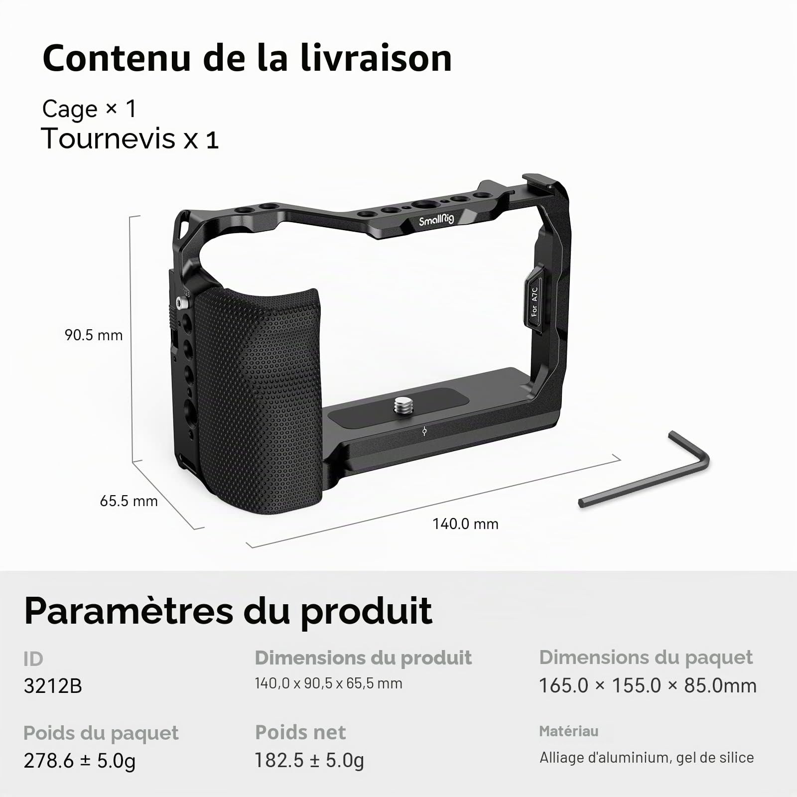 SMALLRIG A7C Cage avec Poignée Latérale en Silicone, Plaque à Dégagement Rapide pour Arca et Trous de Positionnement pour Arri, Support de Cold Shoe - 3212B