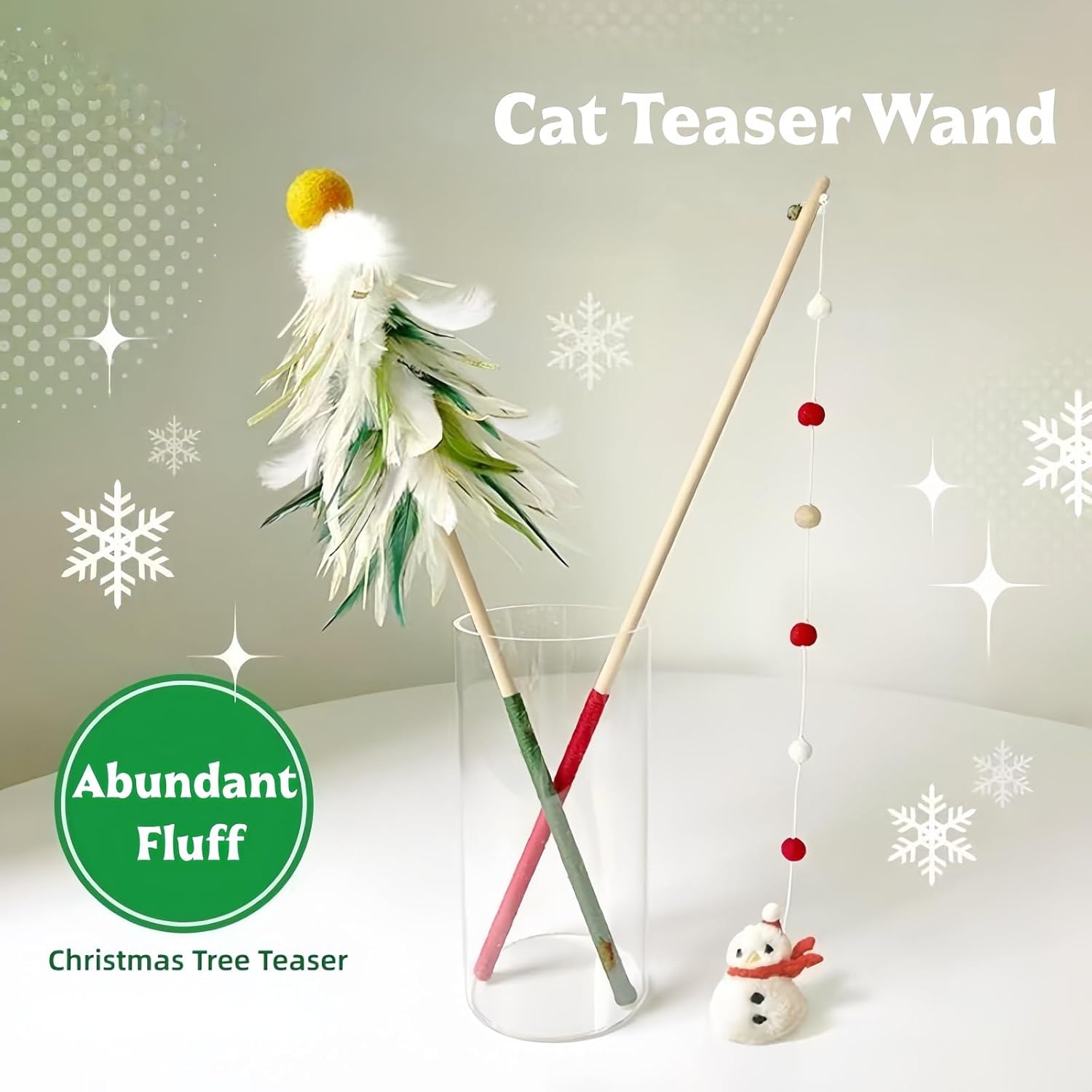 Interactive Cat Teaser Toys Christmas Fun, 20-Inch Extended Wooden Handle Cat Toy Kit with Built-in Bell, Interactive Feather Toys for Indoor Cats, Ideal Gifts for Kitty Entertainment & Exercise