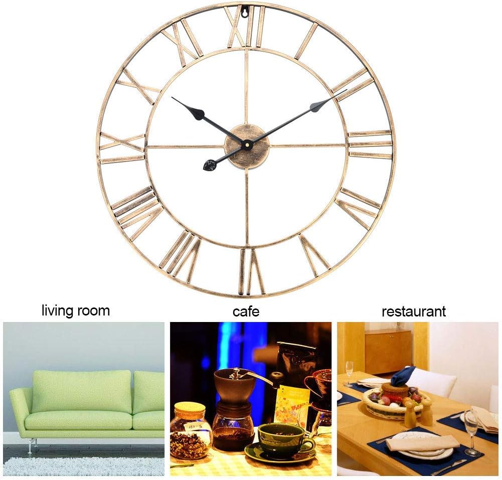 23-Inch Classic Metal Wall Clock, Round Antique Iron Design with Roman Numerals, Silent Non-Ticking, Gold Finish for Living Room, Home, Cafe Decor