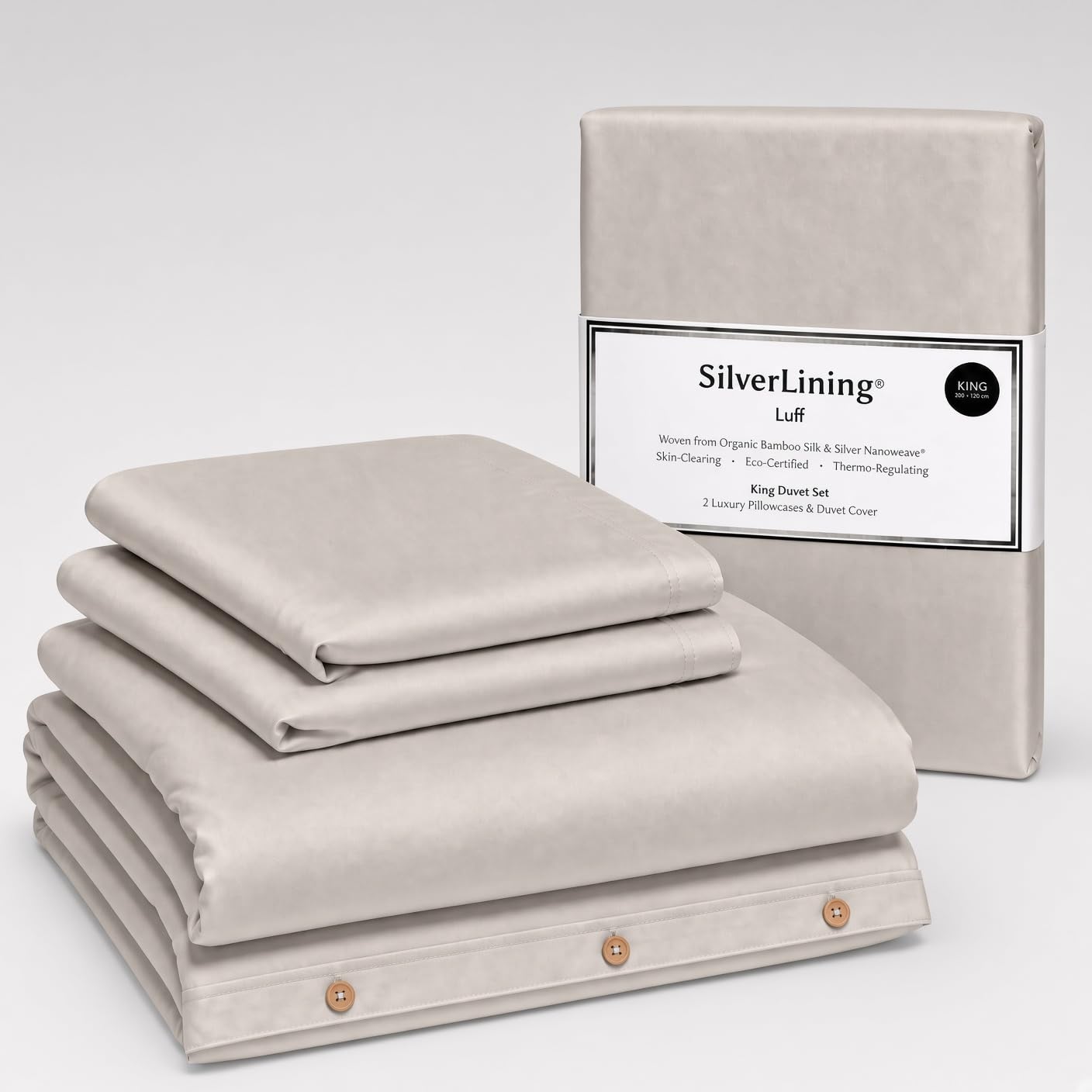 Luff SilverLining® 100% Bamboo Duvet Cover Set, Light Grey, Double