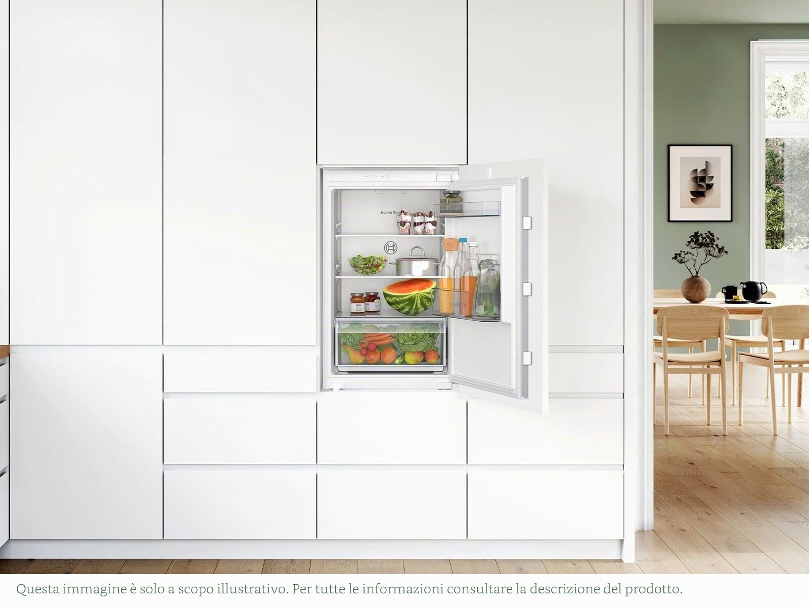 BOSCH KIR21NSE0 - Frigorifero da incasso serie 2, frigorifero integrato senza congelatore, 88 x 56 cm, raffreddamento 136 l, cerniera a traino, MultiBox XXL, illuminazione a LED, EcoAirflow,