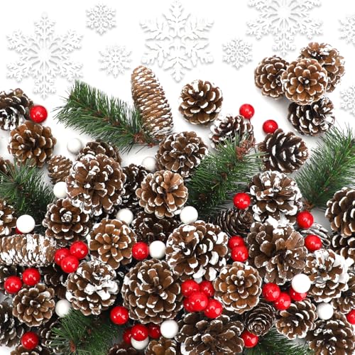 Yonsya 200Pcs 1.5-3 Inches Christmas Pine Cones, Mixced Snowflake Ornaments and Berry Pine Branch Set, Bulk Xmas Decorations for Winter DIY Crafts Gift Tag Party Supplies