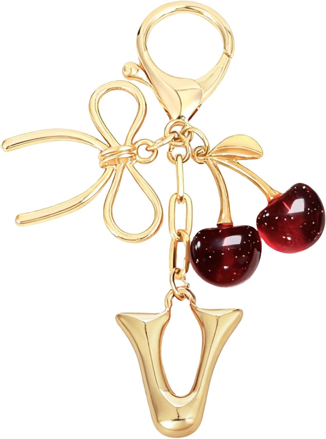 Gold Initial Letter A Keychain with Bow & Pink Crystal Cherry Cute Bag Charm for Women Purse Accessories