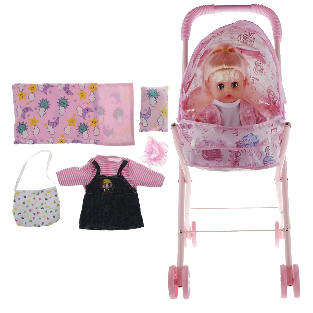 Prettyia Detachable Doll Stroller with Sun Visor Hood Baby Doll Trolley Toys & Newborn Baby Doll for Reborn Doll Simulation Nursing Accessory