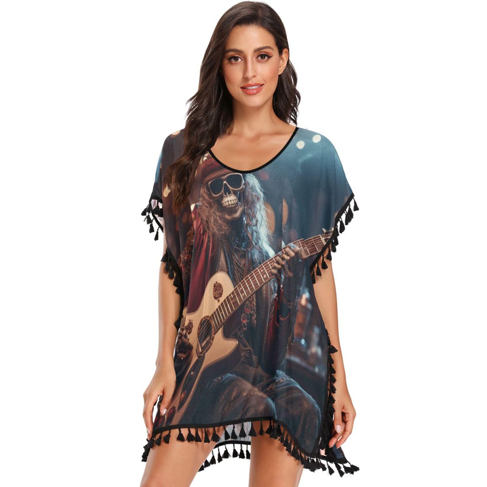 Red Christmas Skull Guitar Women's Beach Cover Up Chiffon Tassel Swimwear Swimsuit Coverups for Girl