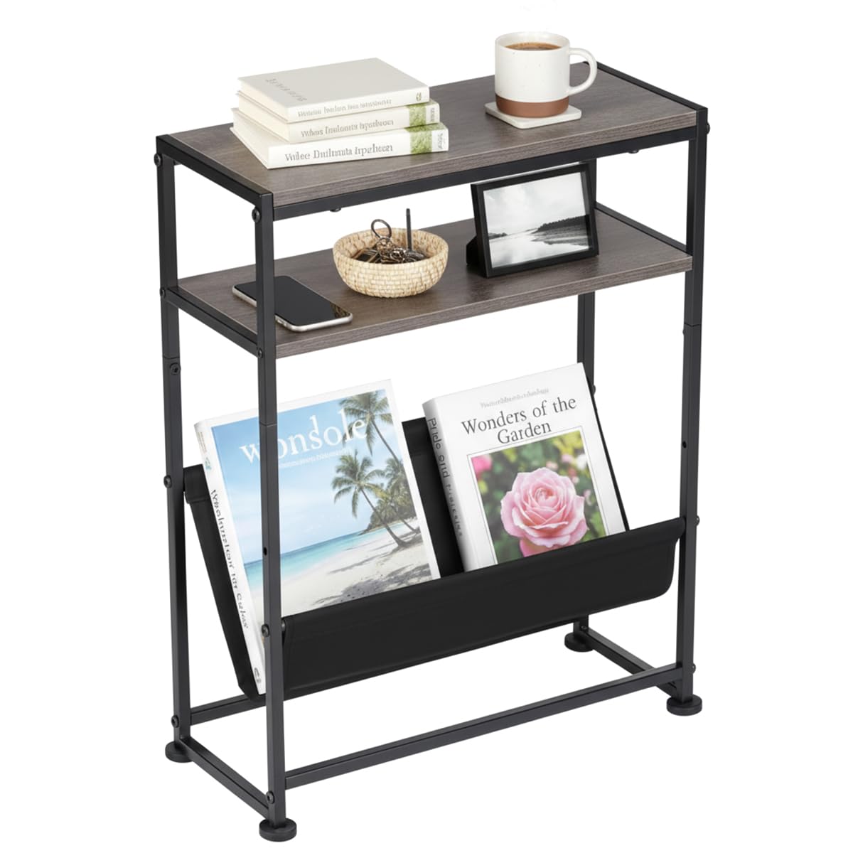 Narrow End Table for Small Spaces - Slim Side Table with Magazine Holder,2 in 1 Design Narrow CoffeeTable Living Room,Skinny Bedroom Nightstand Thin Side Magazine Table,Grey