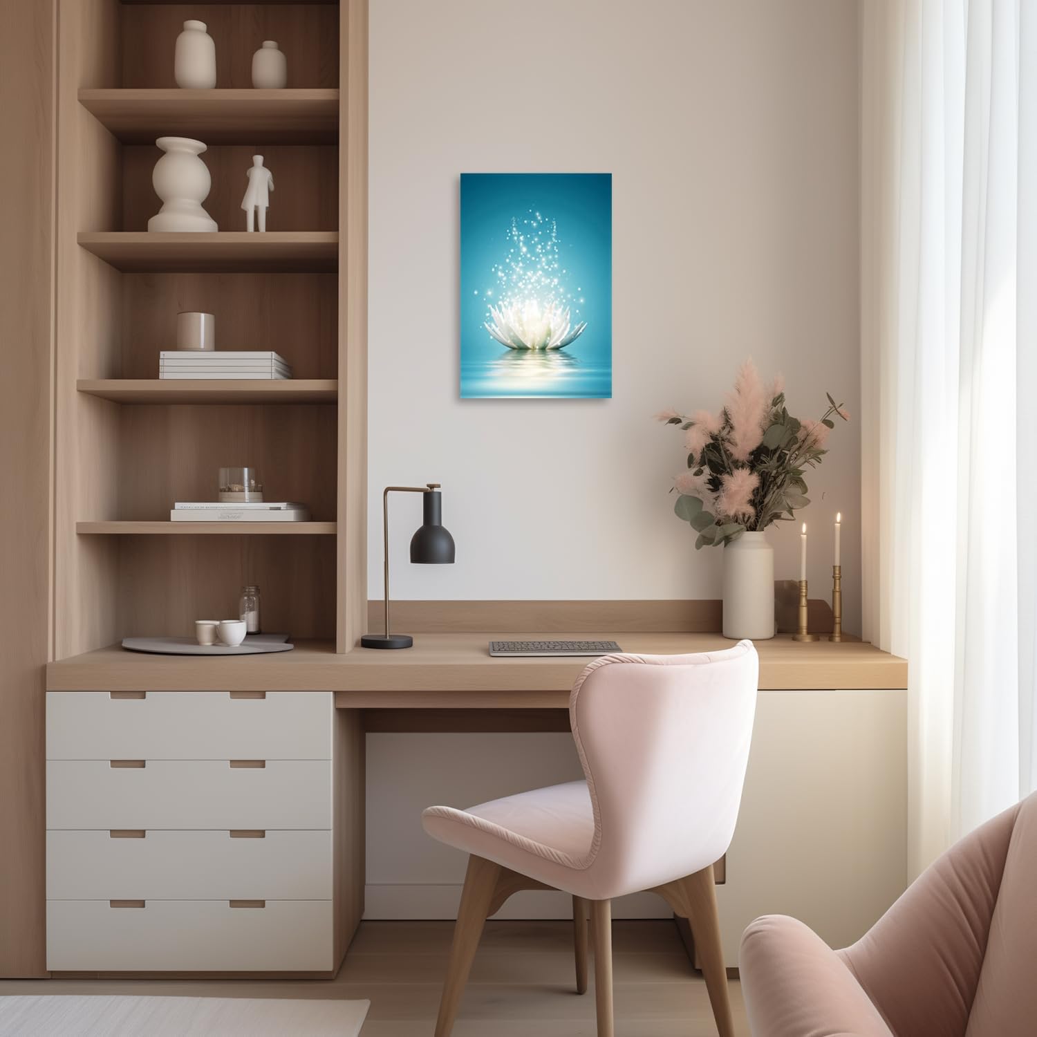 Jkevcbiax No Frame Zen Wall Art White Lotus Flower Bloom In Water Picture Prints Wall Decor Teal Blue Painting Meditation Spiritual Room Decor(21X30cm/No Frame)