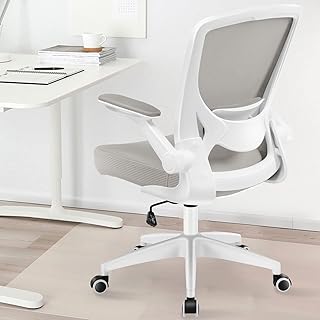 KERDOM 9060 Silla de oficina ergonómica con reposabrazos plegables, silla de ordenador giratoria de tejido de malla de 360°, gris claro