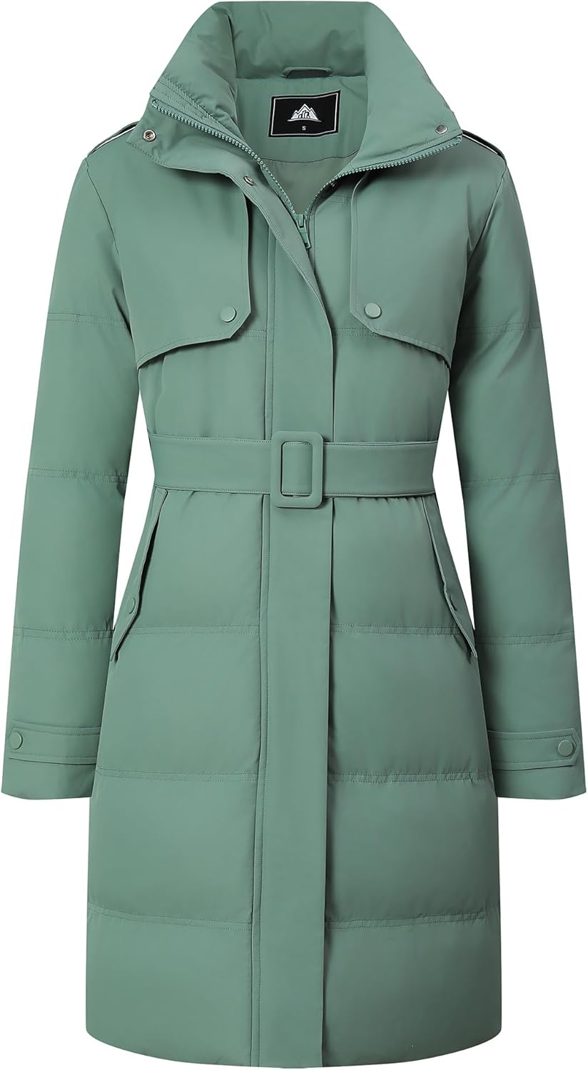 MOERDENG Women's Waterproof Long Winter Coat Warm Puffer Jacket Thickened Down Parka Maxi Coat Medium Pea Green