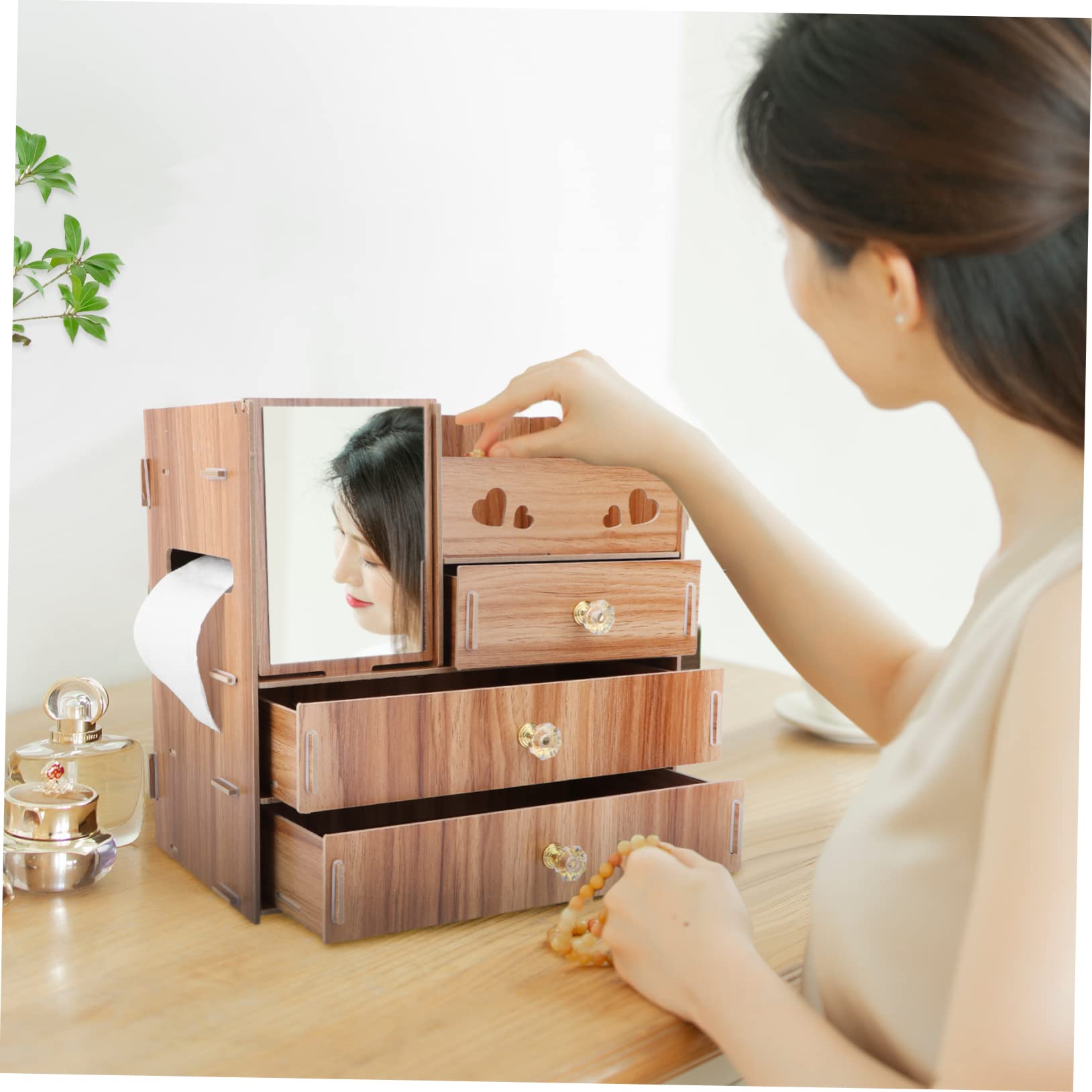 Boîte de Rangement Marron pour Cosmétiques à Tiroir en Bois