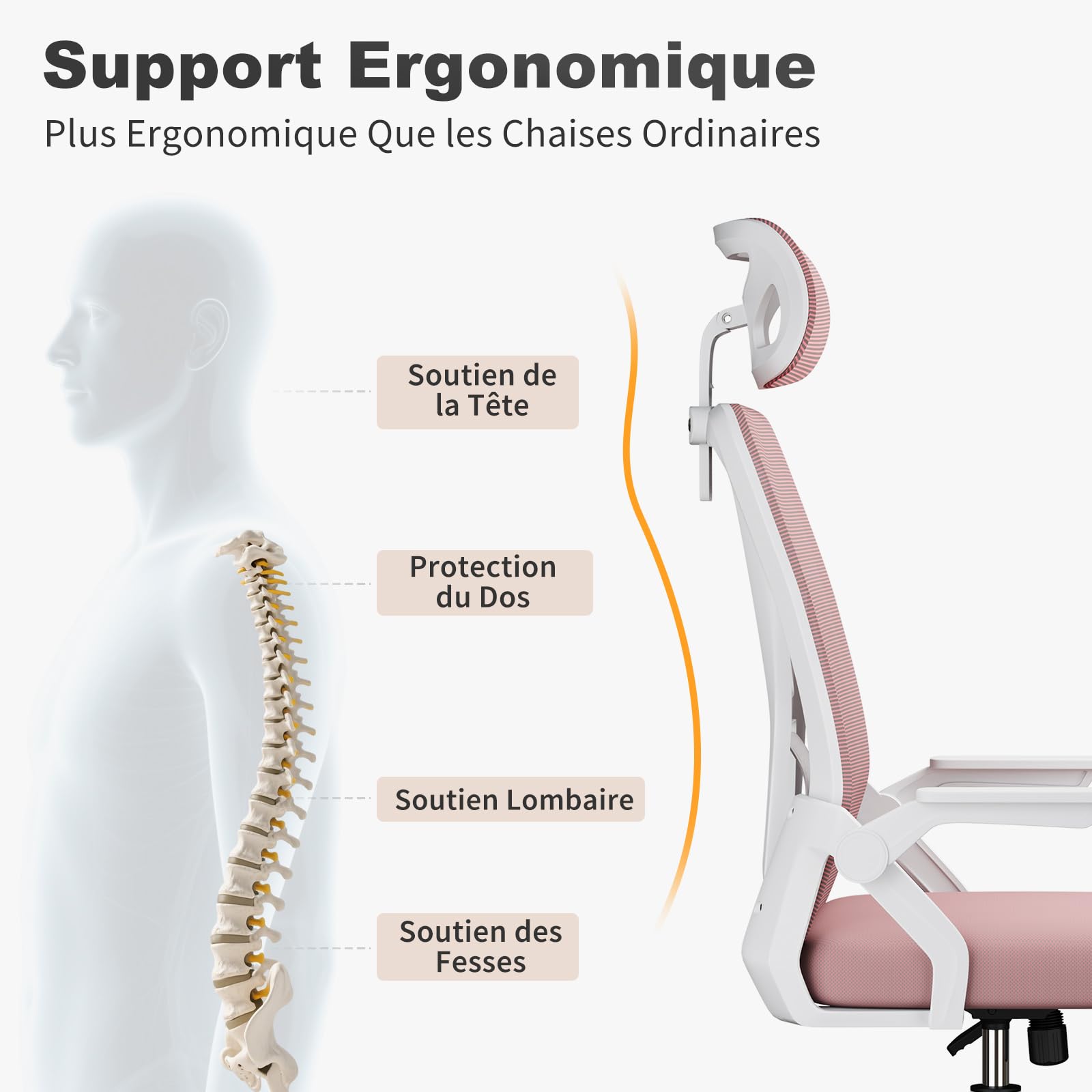 naspaluro Chaise de Bureau Ergonomique avec Accoudoirs Rabattables à 90° (avec Appui-tête, Rose)