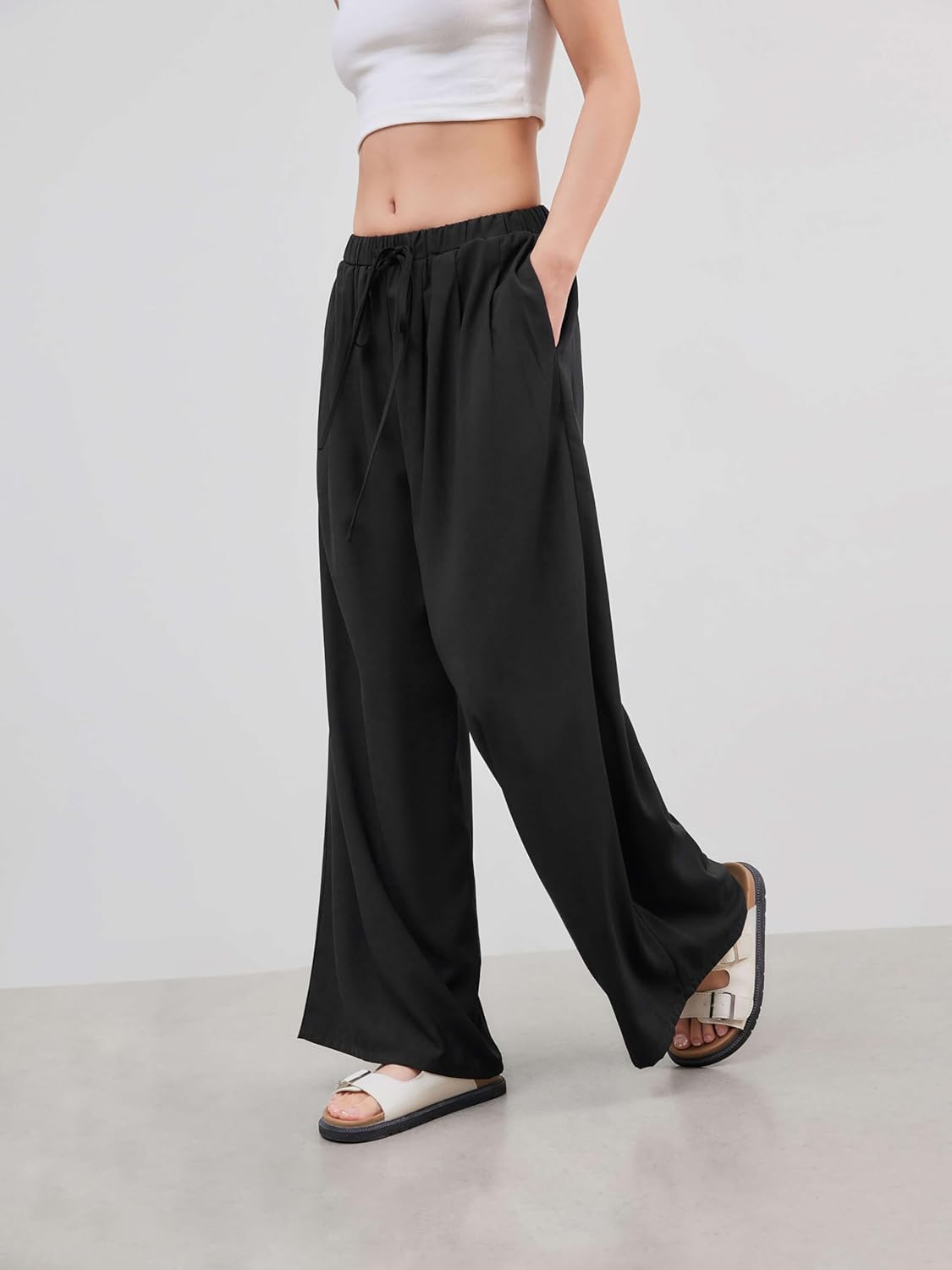 CIDER Palazzo Pants for Women Wide Leg Drawsting Elastic High Waisted Comfy Casual Flowy Pants with Pockets - Image 5