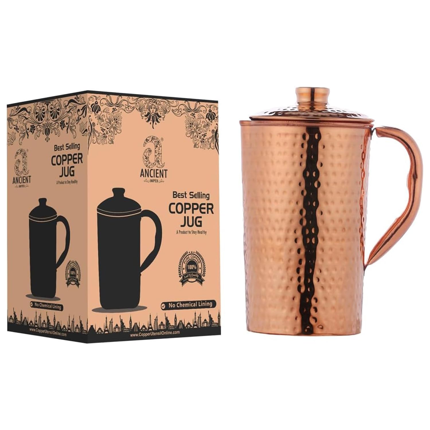 Copper Pitcher (Jug) Hammered 1.5Lt (50.72 US Fl Oz) Capacity, Unlined, Uncoated and Non-Lacquered for Ayurveda Health Benefits made of Pure Copper