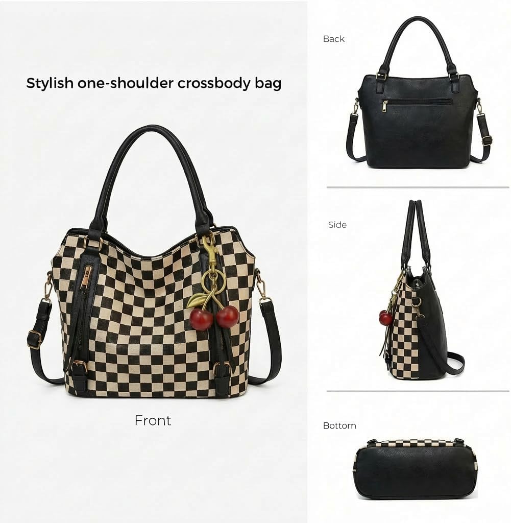 Lushandy Large Checkered Tote Bag Checkered Satchel Purse with Wallet Cherry Vintage Top Handle Hobo Handbag for Work Travel | Multi-Pocket, Cherry Keychain, Large Capacity - Image 4